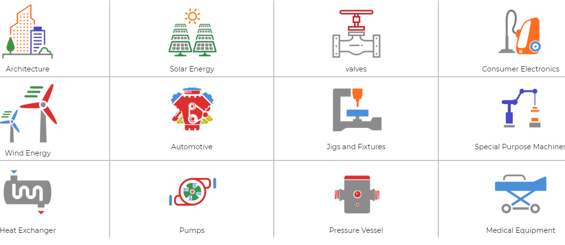 Tectorq industries served: architecture, solar energy, valves, consumer electronics, wind energy, automotive, jigs and fixtures, special purpose machines, heat exchanger, pumps, pressure vessel and medical equipment